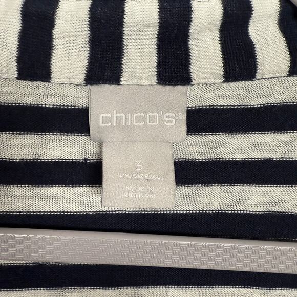 Chico's Size 3 Striped Linen Utility Tee Black White Roll Tab Sleeve Half Button - Picture 6 of 9